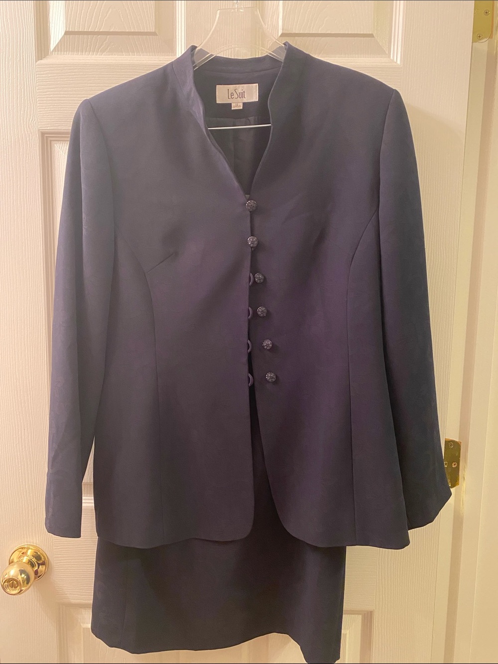 Le Suit Women's Dark Navy Mandarin Collar Button Jacket & Skirt